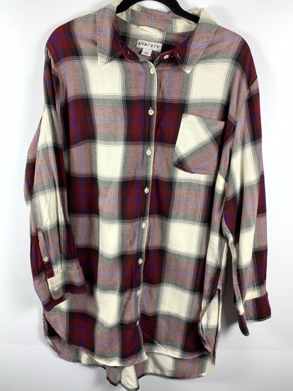 Ava & Viv Burgundy and Cream Plaid Button-Down Shirt